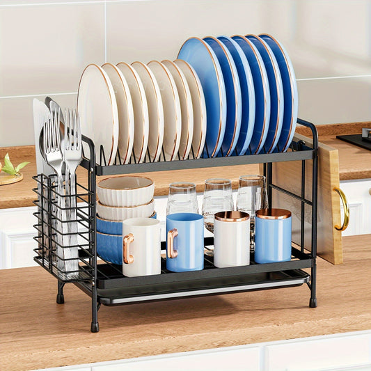 1pc Black 2-Tier Over Sink Dish Rack with Drainboard, Removable Utensil Holder, Cup Rack, and Cutlery Organizer - Metal and Plastic Kitchen Accessory Set Without Electricity