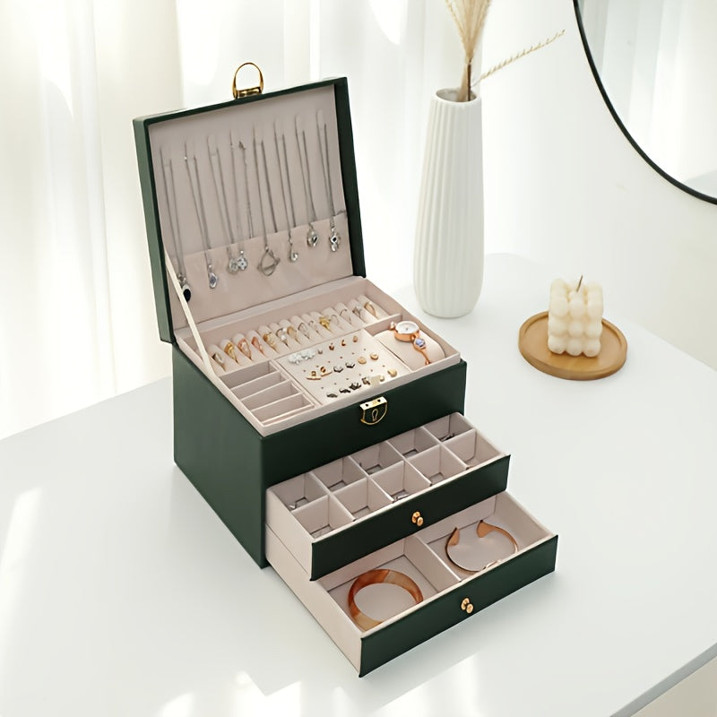 Elegante joyero con cerradura de 3 capas: organizador de tocador que ahorra espacio para aretes y accesorios, regalo perfecto para mujeres