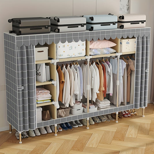 Montaje simplificado de tubos de acero con refuerzo engrosado y 10 estantes de almacenamiento de gran capacidad y 3 barras para colgar ropa para guardar guardarropas, montaje fácil y cómodo de armarios de tela a cuadros