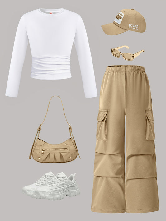 Traje sencillo de otoño para jóvenes, de punto, adelgazante, de manga larga y pantalones de trabajo, conjunto de dos piezas con pierna ancha, perfecto para exteriores.
