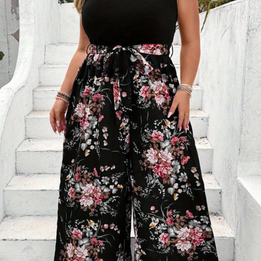 Plus Size - Women'S Elegant Sleeveless Floral Print Jumpsuit with Belt - Stretchy, Loose Fit, Square Neck, Long Length, Black with Pink & White Flowers, All-Season Comfort, Casual Wear Jumpsuit | Floral Print Jumpsuit | Comfo