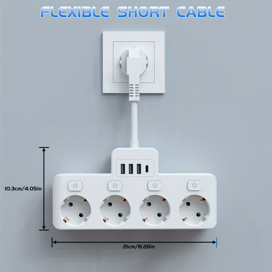 Multi-functional Independent Switch Power Strip, With Four EU Plug Sockets (220-250V/16A) Three USB 1 Type C Ports, Extension Cord, Suitable For Office, Kitchen, Living Room, And Travel