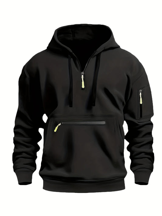 Sudadera de manga larga con capucha y media cremallera para hombre, estilo casual, con bolsillo con cremallera, ideal para invierno y otoño.