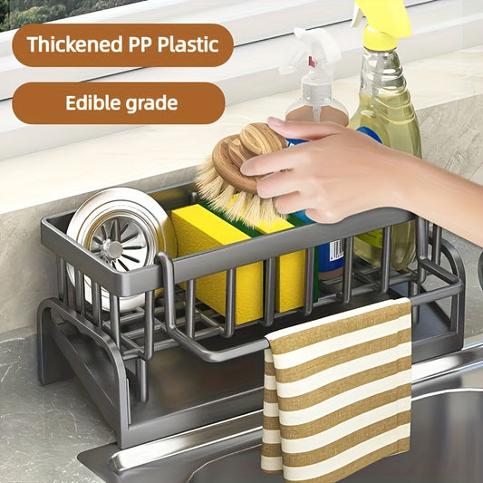Organizador de fregadero con bandeja de drenaje, resistente y de plástico grueso para jabón, esponja, cepillo de platos y accesorios de cocina. Solución de almacenamiento de herramientas y utensilios sin carga.