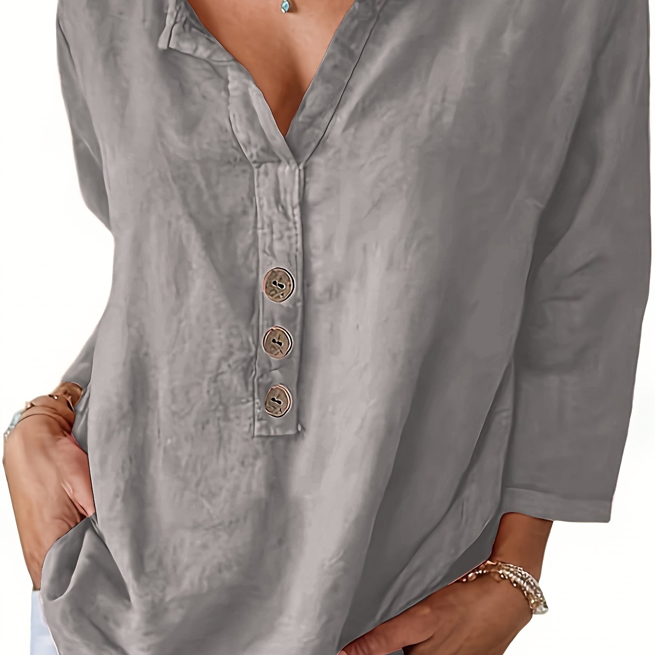 V-Neck Button-Up Top - Loose Fit Solid Color Pullover, Fashionable Casual V-Neck Shirt for Women, Relaxed Fit, Non-Stretch Cotton Linen Blouse