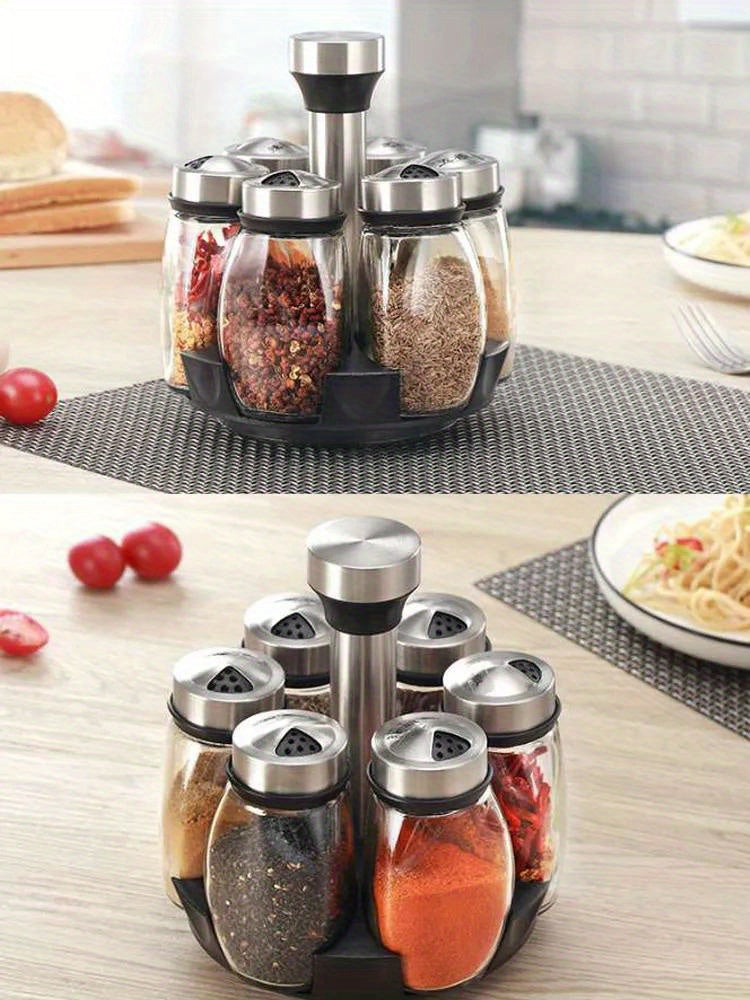 Juego de especiero giratorio: 7 botellas de vidrio para condimentos y saleros con soporte, organizador de cocina multifuncional y fácil de instalar.