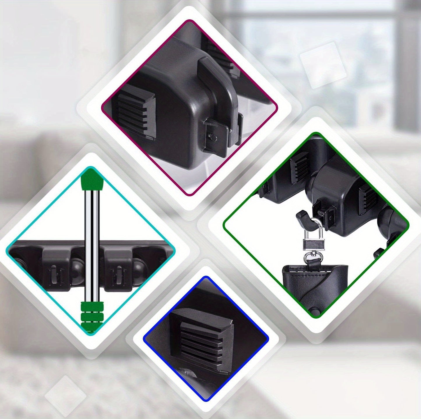 Broom & Mop Holder Wall Mount - 1pc Heavy Duty Tool Organizer for Garden, Laundry Room, Closet, Garage - 5 Slot & 6 Hook Hanger for Rake, Shovel, Mops - Plastic Utility Rack