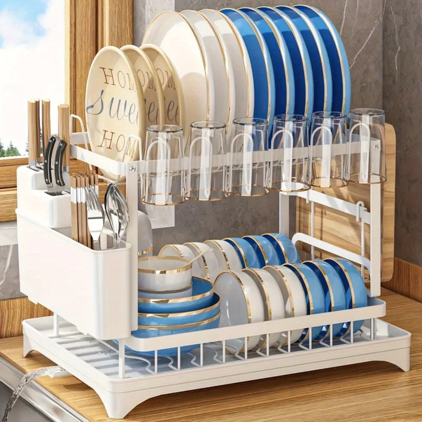 2 Tier Stainless Steel Dish Drying Rack with Drainboard, Adjustable Dish Drainer for Kitchen Counter with Utensil Holder and Cup Rack – Rotatable Drainage System