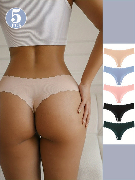 5-Pack Women's Solid Color Thin Seamless Yoga Sports Thong Panties with Scallop Edge, Low-Waist Knit Underwear, Cotton Lining, Assorted Colors
