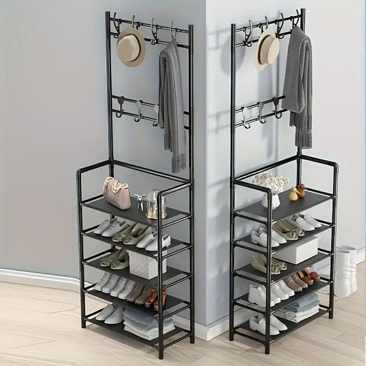 Multifunctional Metal Entrance Hall Organizer - 4-layer Black Clothes and Hat Rack with Shoe Cabinet, Perfect Choice for Home Storage, Independent Clothes and Shoe Rack, Suitable for Front Door Entrance, Used to Store Clothes