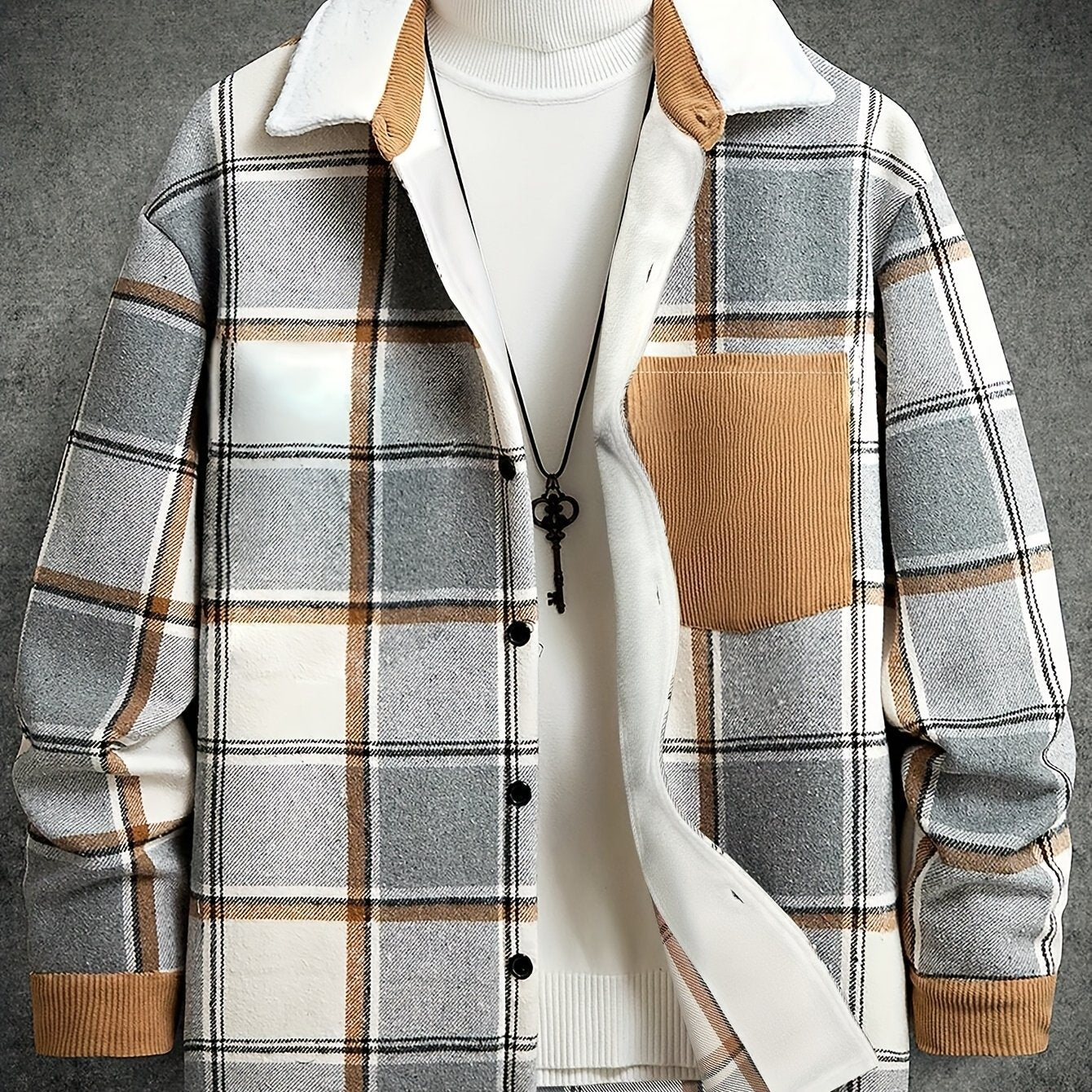 1pc Men'S Casual Plaid Fleece Jacket, Thickened Outerwear with Button Closure, Polyester Fabric, Non-Stretch, Regular Fit, Autumn/Winter Season, Solid Color Pocket Detail