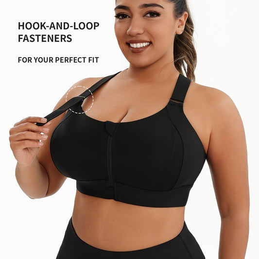 Plus Size Front Zip Sports Bra, High Elasticity Solid Color Fitness Bra, Yoga Athletic Underwear, Padded Yoga Bra, Stylish Racerback Sports Bra With Adjustable Straps