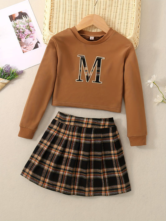 2PCS Girls Vintage Style, M Letter Print Long Sleeve T-shirt Top + Plaid Skirt Set Spring Fall Outdoor Activities, As A Gift