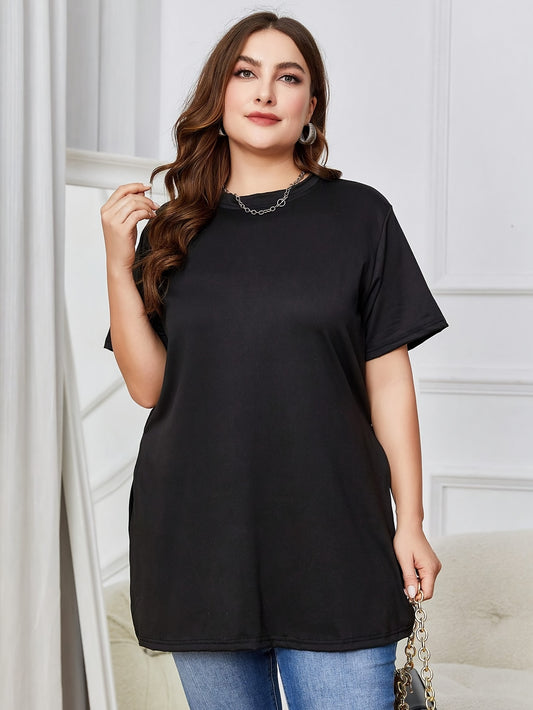 Plus Size Side Split Solid T-Shirt, Casual Crew Neck Short Sleeve T-Shirt, Women's Plus Size Clothing