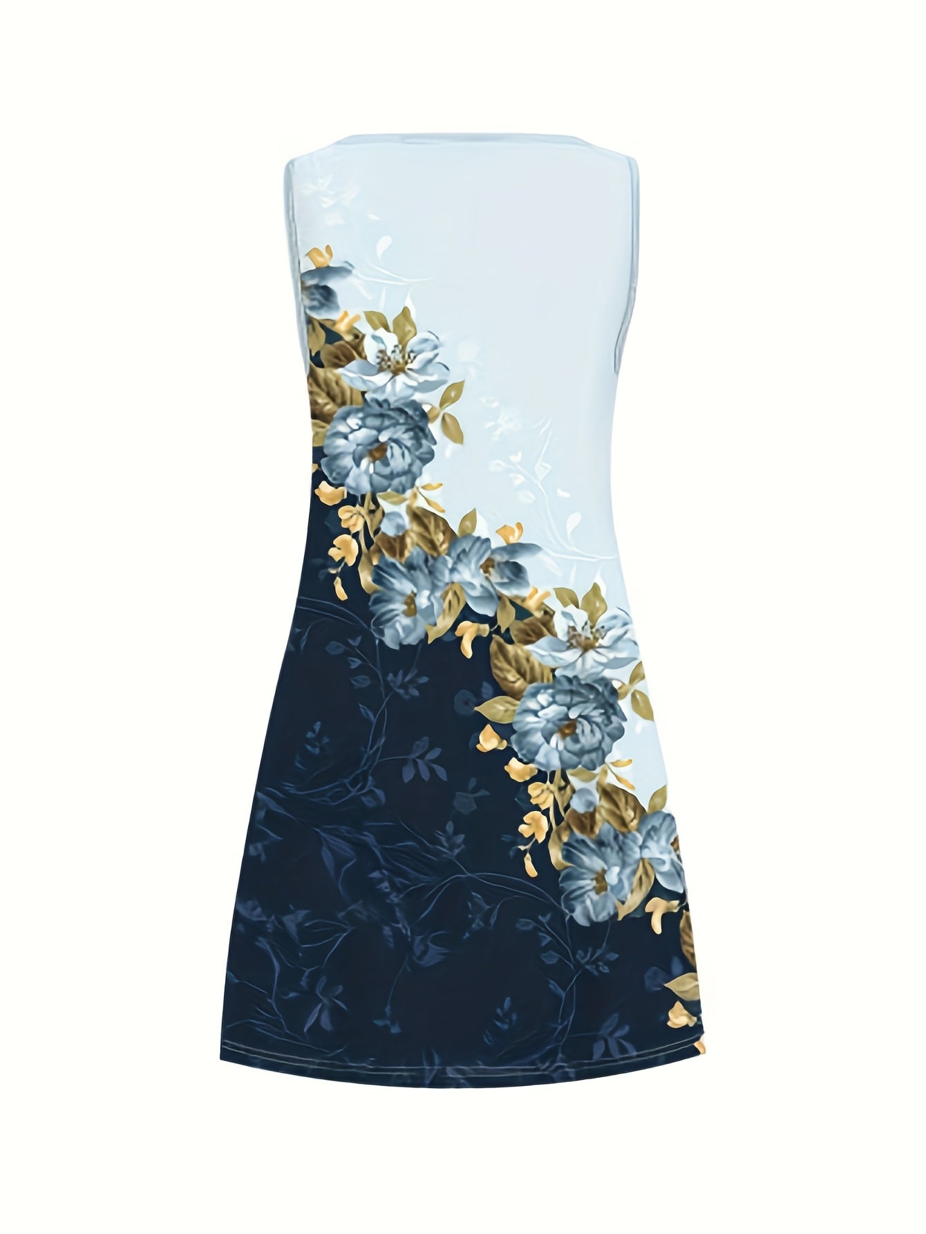 Vestido sin mangas con estampado floral para mujer, talla grande, corte A - Elegante vestido romántico de verano con degradado y estampado floral azul vibrante y dorado, tejido ligero e informal, perfecto para primavera y verano | Vibr