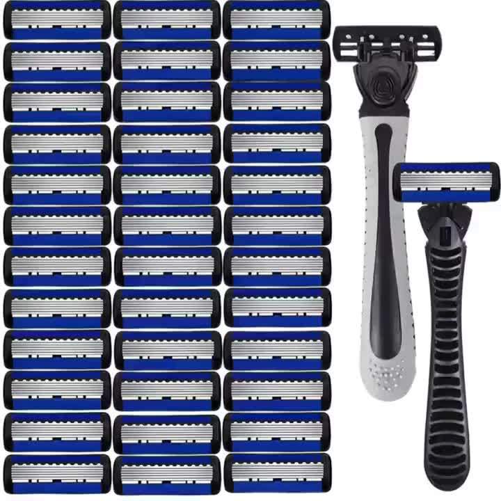 Metal Handle Safety Razor Set - 6-Blade Precision Manual Shaving Razor with Ergonomic Grip, 1 Durable Handle and 12 Cartridge Refills for Efficient Facial Hair Removal and Smooth Shave