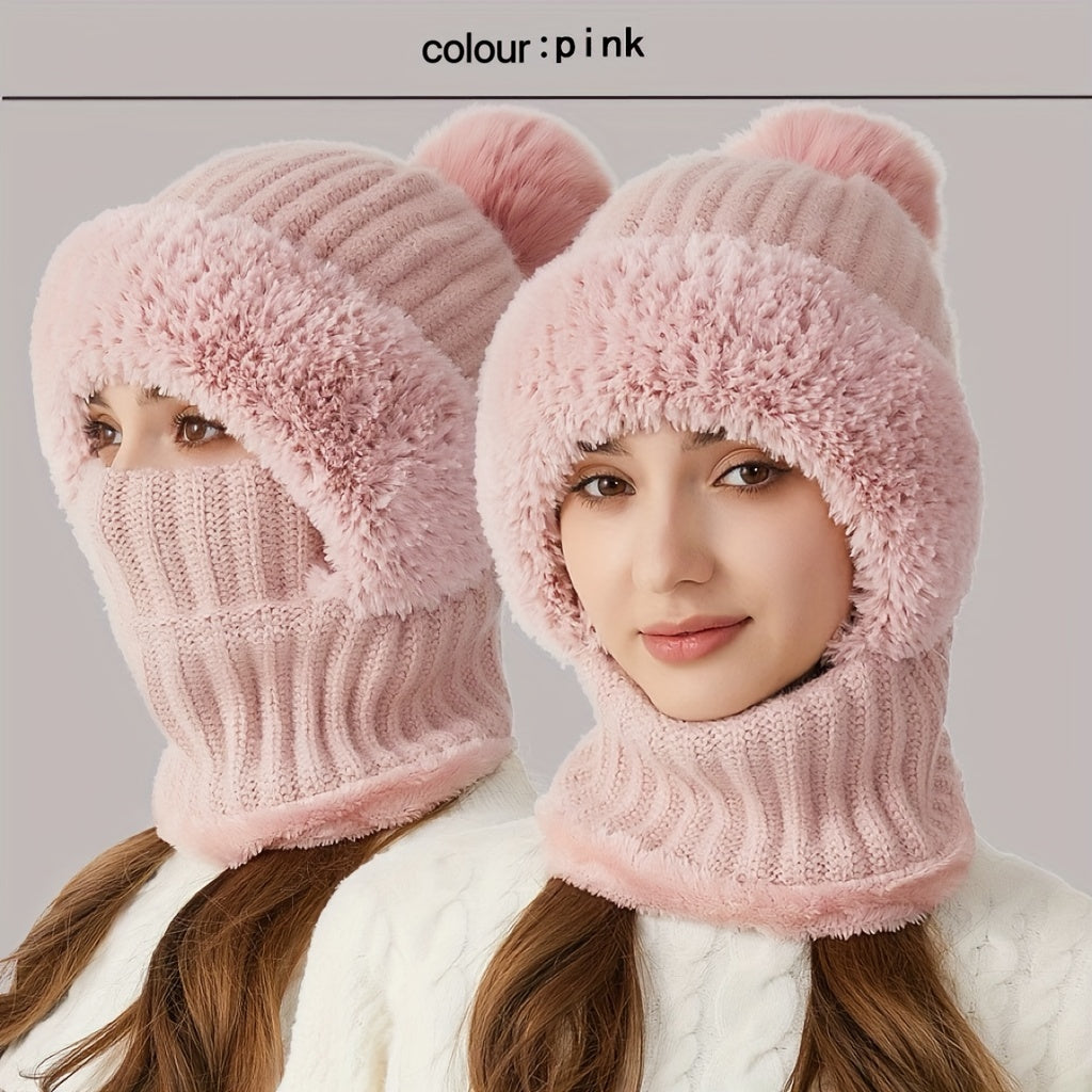 1pc Winter Warmth Acrylic Fleece-Lined Knit Beanie with Ear Flaps, Windproof Neck Gaiter Hood for Outdoor Cycling, Stretchable New Year'S Gift Hat, 100% Acrylic Woven Craftsmanship