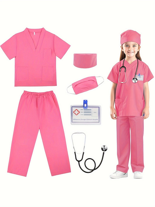 Conjunto de 6 trajes de médico de imitación para niño, camiseta de manga corta, pantalones y accesorios, ideal para Halloween, fiestas de cumpleaños, presentaciones escolares y como regalo.