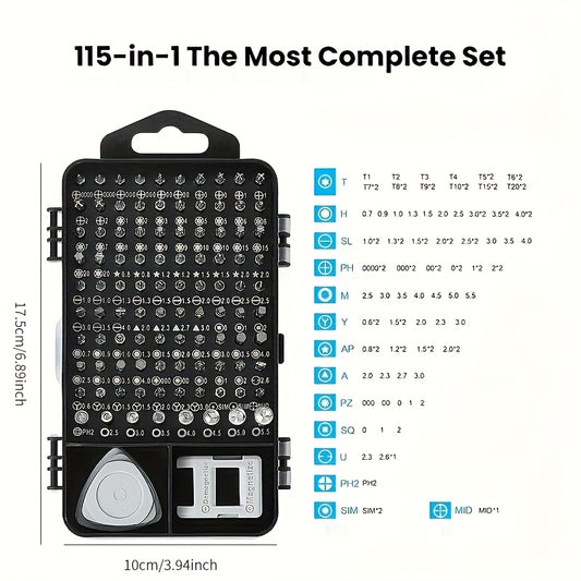 115-in-1 Precision Screwdriver Set with Magnetic Repair Kit, Non-Slip, Ergonomic Handle, Suitable for Laptops, Watches, Electronic Products, Including Hex, Pentagram, Cross and More than 20 Kinds of Screw Heads