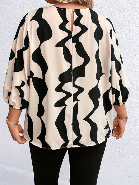 Plus Size Geometric Print Blouse, Casual Crew Neck Lantern Sleeve Blouse For Summer, Women's Plus Size Clothing