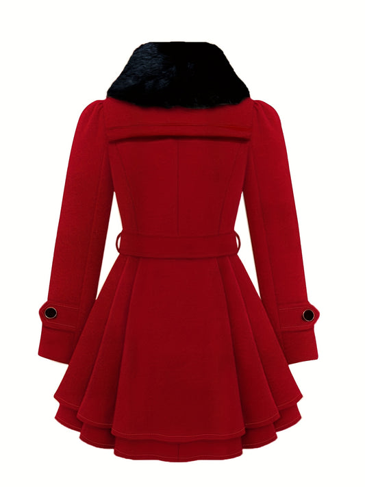 Chic Plus Size Women's Winter Coat - Casual Solid Color, Faux Fur Trim, Button-Up with Belt & Pockets, Machine Washable