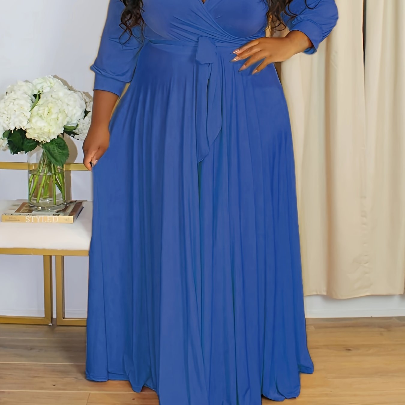 Plus Size Solid Color Tie Waist Dress, Elegant Long Sleeve Surplice Neck Maxi Dress For Spring & Fall, Women's Plus Size Clothing