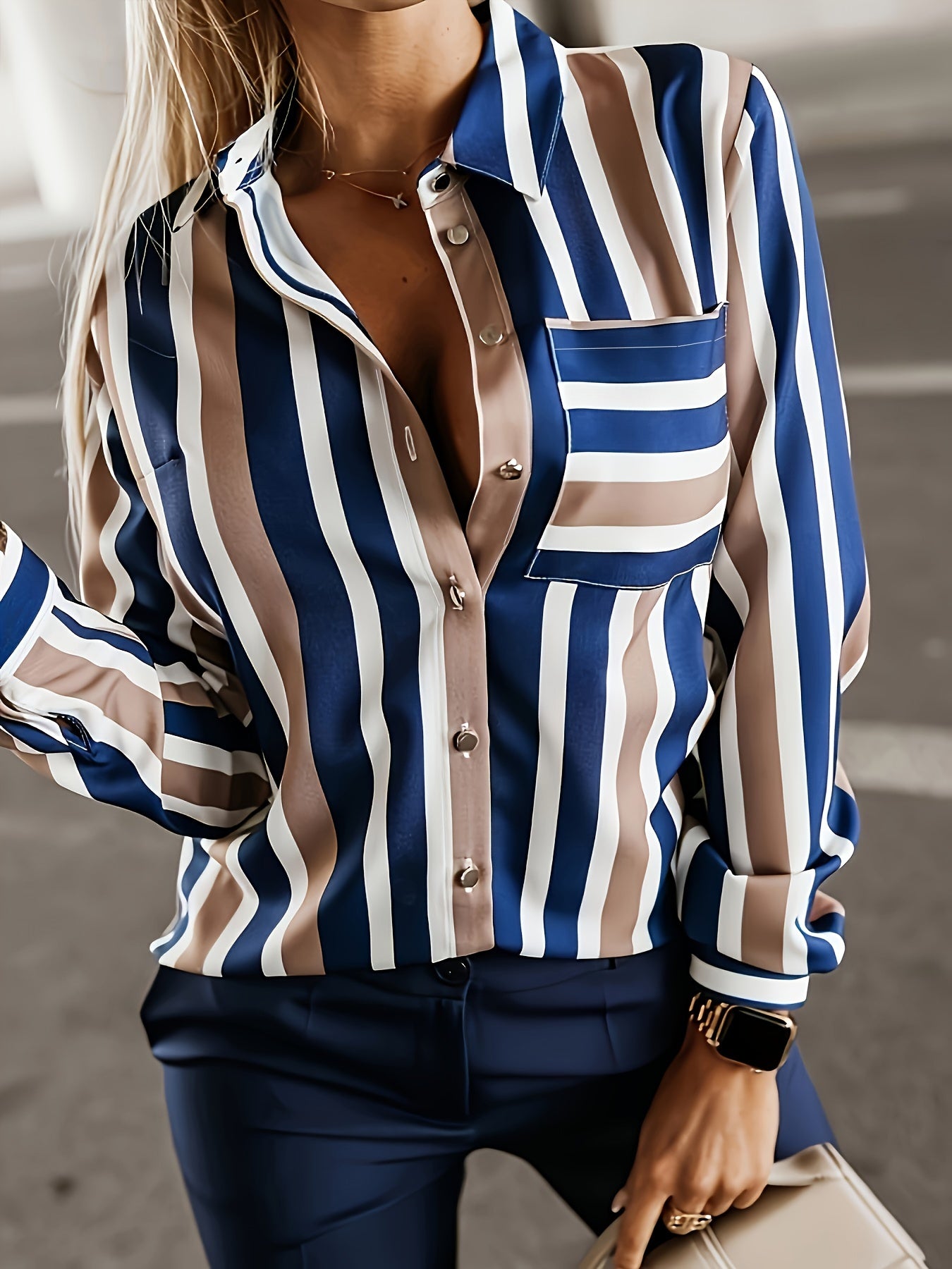 Plus Size Striped Button Up Shirt, Casual Long Sleeve Patched Pocket Shirt For Spring & Fall, Women's Plus Size Clothing