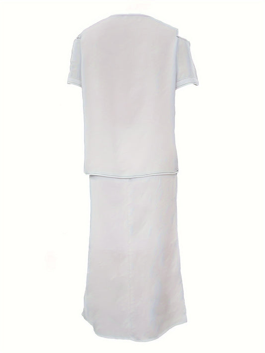 2 Pcs Contrast Trim Top & Skirt Set, Short Sleeve Plunge Neck Cold Shoulder Top & Bodycon Tie Waist Sheath Skirt Outfits, Women's Clothing