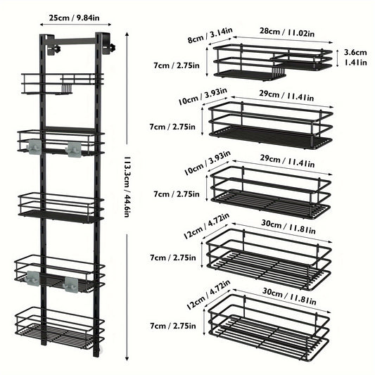 1pc Five Layers Adjustable Rack, Bathroom Hanging Door Type Shelf With Hook, Black, Shower Caddies, Bathroom Organizers And Storage Supplies, Home Organization And Storage Supplies, Bathroom Accessories