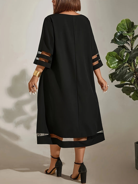 Elegant Plus Size Midi Dress with Contrast Mesh Detail - Crew Neck, 3/4 Sleeve, Non-Stretch Polyester Blend - Machine Washable - Perfect for Spring & Summer