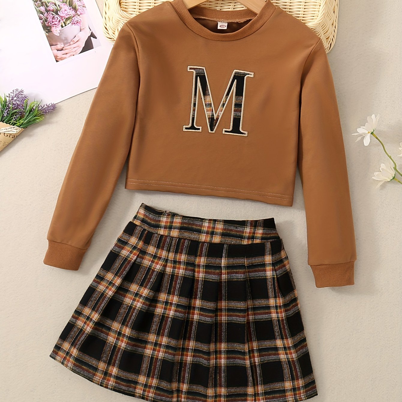 2PCS Girls Vintage Style, M Letter Print Long Sleeve T-shirt Top + Plaid Skirt Set Spring Fall Outdoor Activities, As A Gift