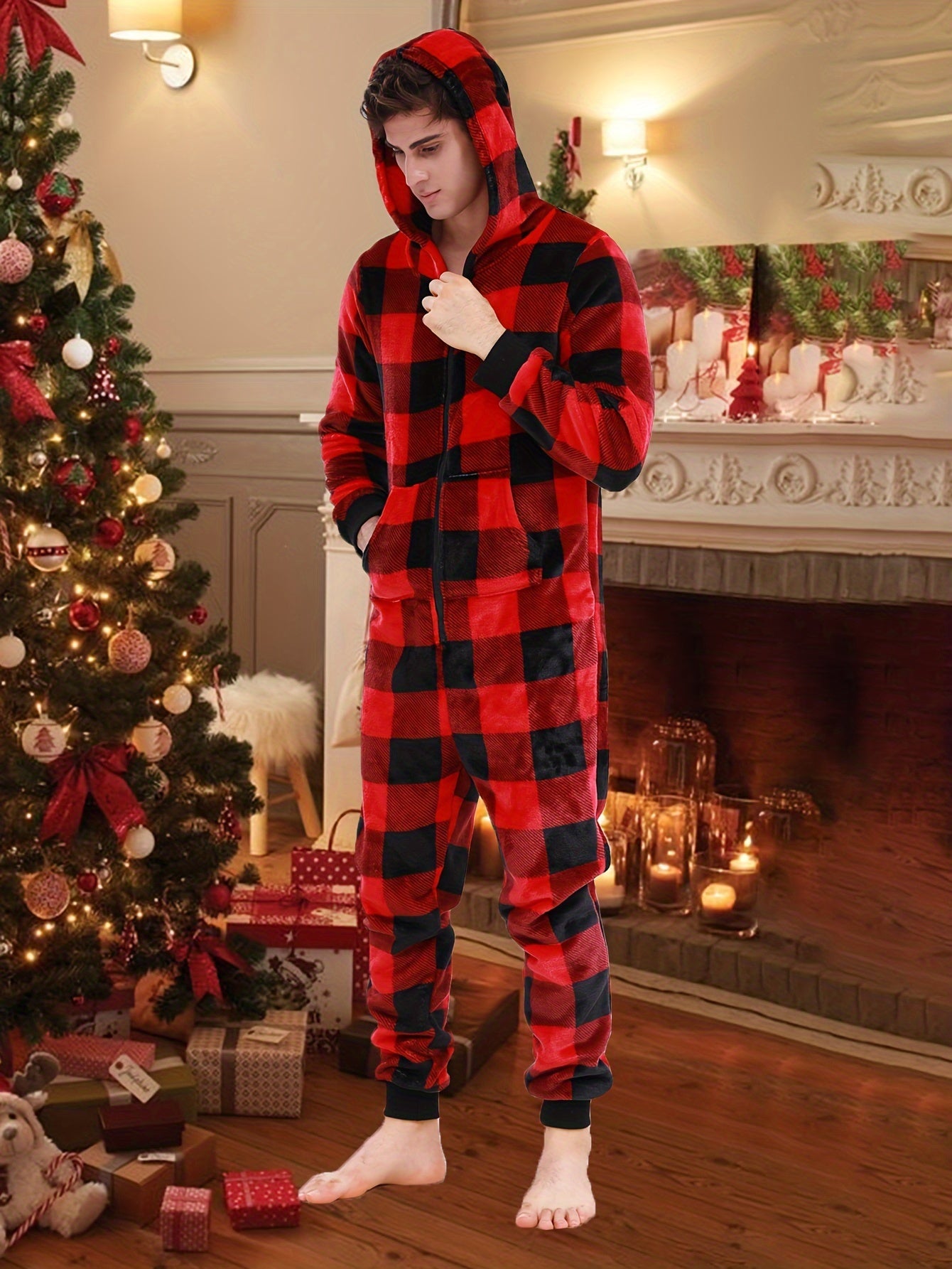 Cozy Men's Plaid Fleece-Lined Hooded Onesie Pajamas - Perfect for Fall/Winter, Machine Washable, Ideal for Halloween & Christmas