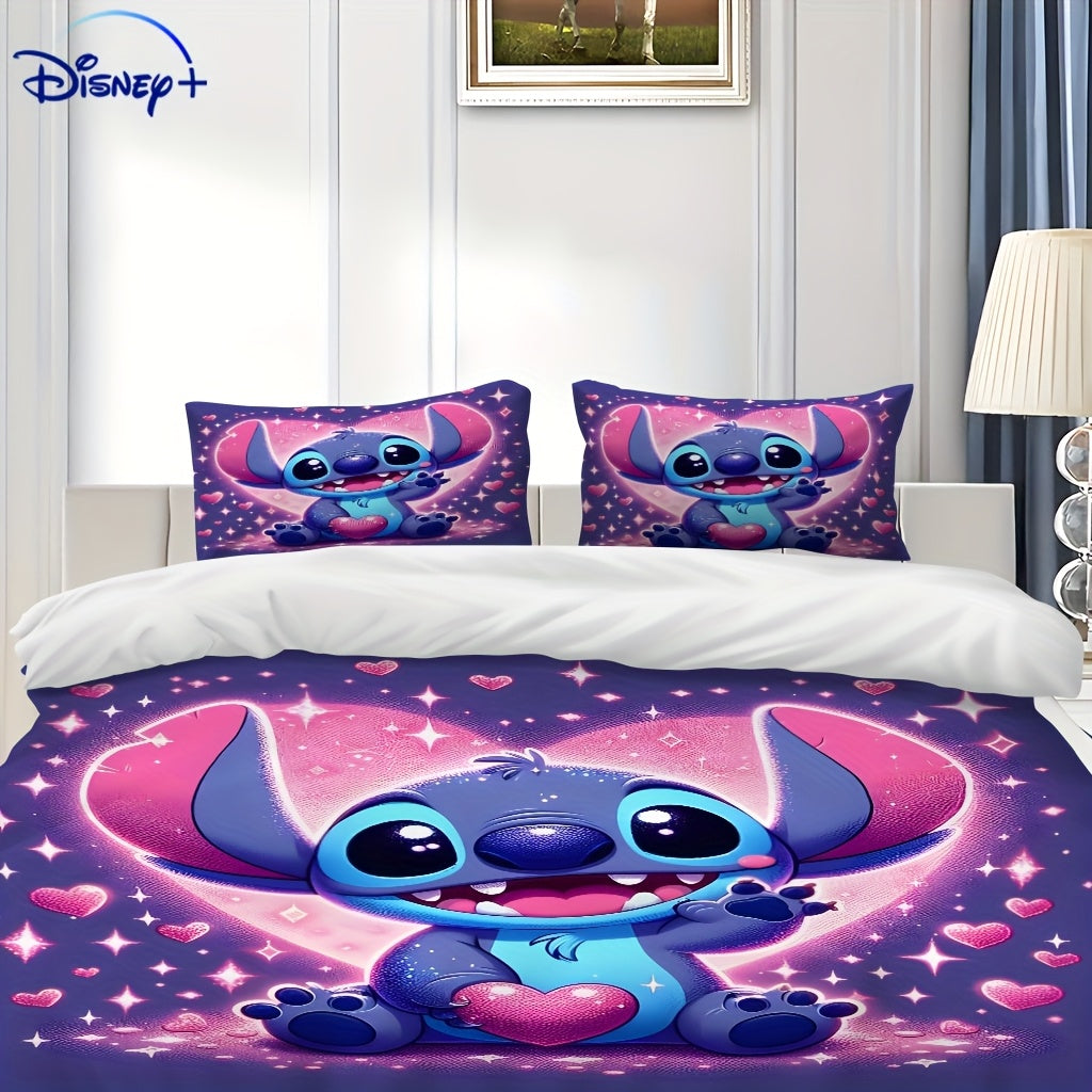 Valentine'S Day Disney 3pcs Bedding Set Featuring Stitch And Angel Cartoons, Which Includes 1 Duvet Cover And 2 Pillowcases. This Super Soft Bedding Is Perfect for Bedrooms And Guest Rooms, Making It an Ideal Gift for Family.