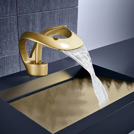 1pc International Style Waterfall Bathroom Basin Faucet, Brass Single-Hole Deck Mount with Built-in Water Filter, Ceramic Valve Core, Painted Surface, G1/2 Nozzle, Hot and Cold Countertop Sink Tap