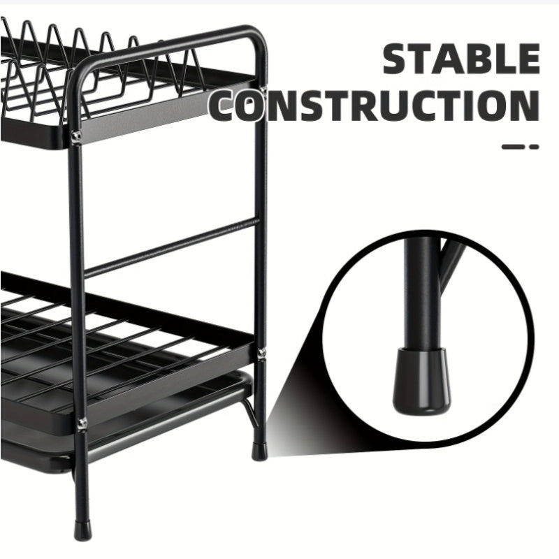1pc Black 2-Tier Over Sink Dish Rack with Drainboard, Removable Utensil Holder, Cup Rack, and Cutlery Organizer - Metal and Plastic Kitchen Accessory Set Without Electricity