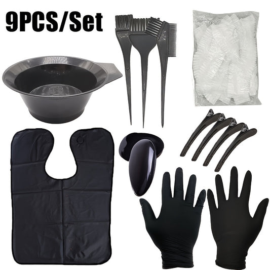Kit de 9 piezas para teñir el cabello: Kit de 9 piezas para teñir el cabello normal, juego de herramientas profesionales para aplicar tinte de salón, con tazón para mezclar, pinceles, guantes, aplicador de tinte y varita desechable.