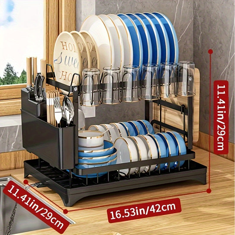 Escurreplatos negro de dos niveles para sobre el fregadero con escurridor, soporte extraíble para utensilios, soporte para tazas y organizador de cubiertos - Juego de accesorios de cocina de metal y plástico sin electricidad