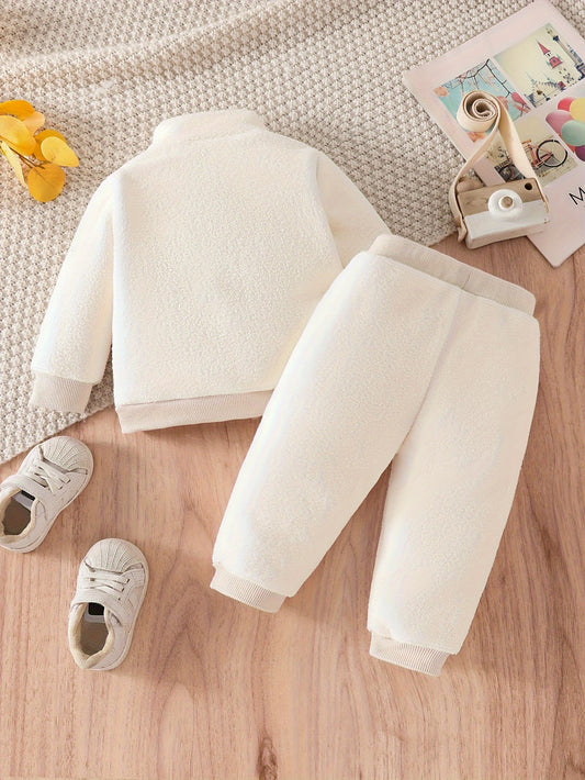 2pcs Baby's Warm Fuzzy Stand Collar Long Sleeve Top & Casual Pants, Toddler & Infant Boy's Clothing Set For Fall Winter, Outdoor Cloth