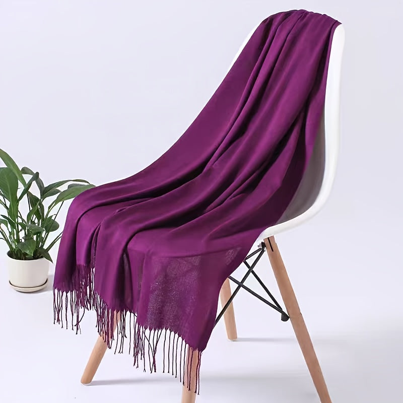 1pc Elegant and simple plain tassel long scarf with warm and versatile thin fabric, suitable for daily wear in all seasons, can also be used as a lady's air-conditioning shawl