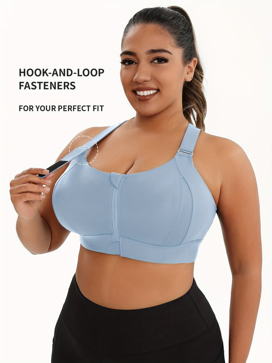 Plus Size Front Zip Sports Bra, High Elasticity Solid Color Fitness Bra, Yoga Athletic Underwear, Padded Yoga Bra, Stylish Racerback Sports Bra With Adjustable Straps