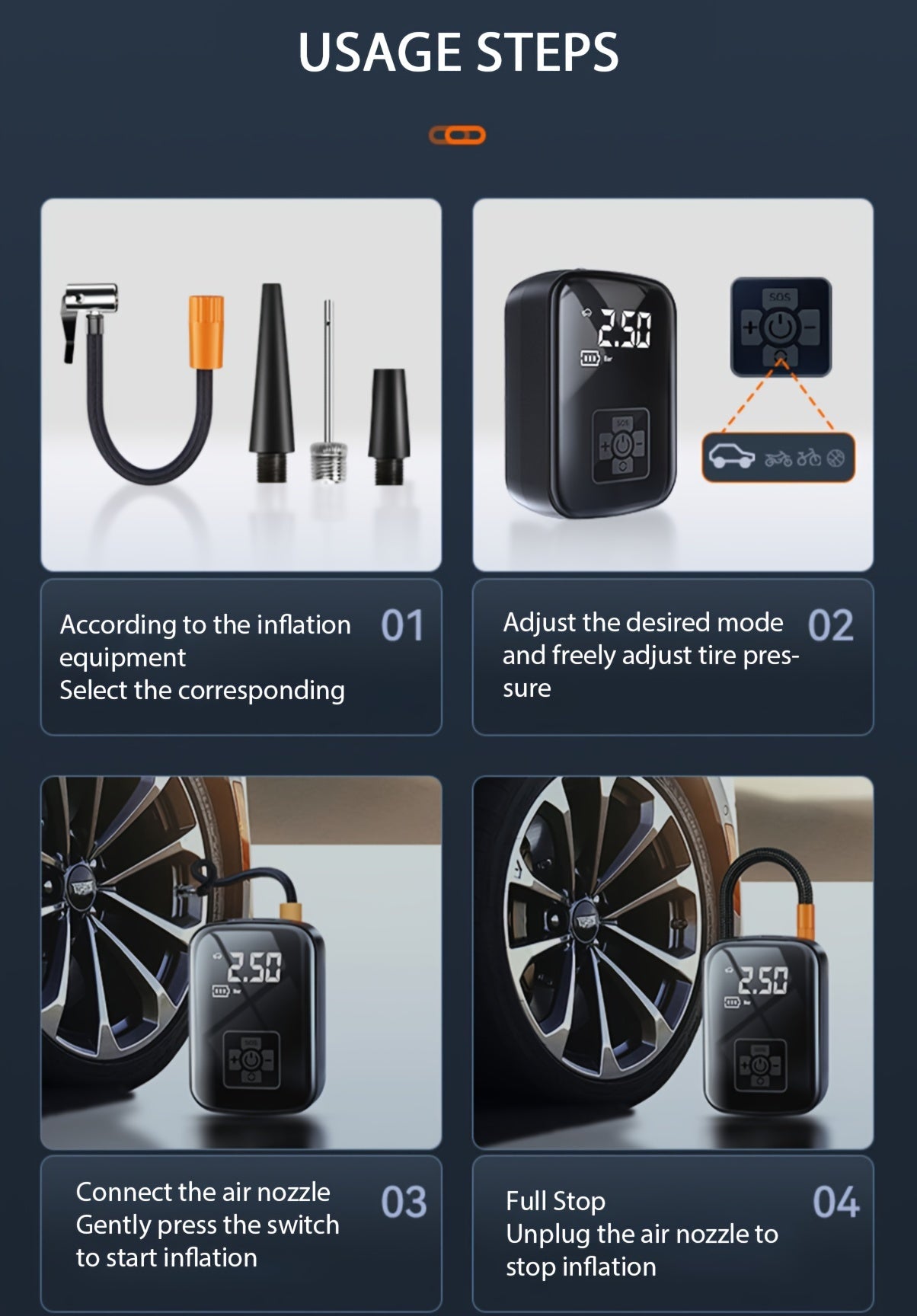 Compresor de aire portátil para coche, bomba de inflado inalámbrica y con cable, ligera, ideal para inflar y comprimir neumáticos de coches y motocicletas.