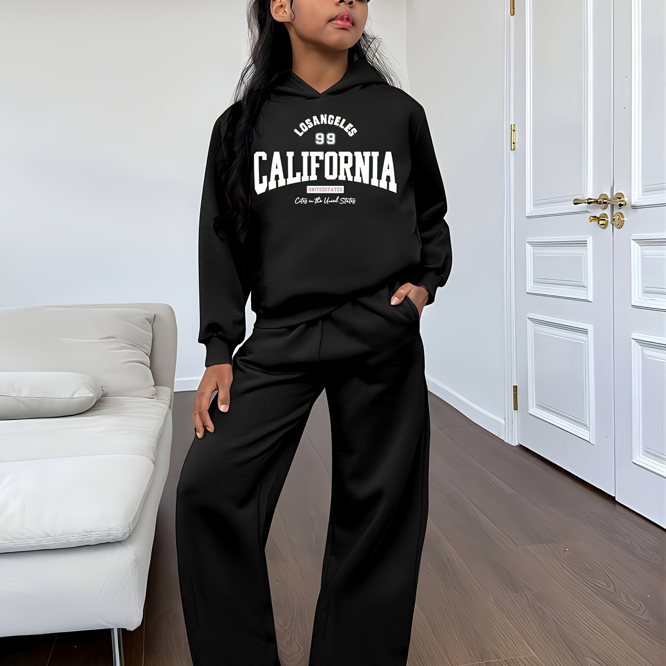 Conjunto de sudadera con capucha y pantalón ancho para niña, informal, con estampado de letras y dibujos animados, 304, poliéster elástico, corte holgado, otoño/invierno, tejido de punto, ropa juvenil, para exteriores.