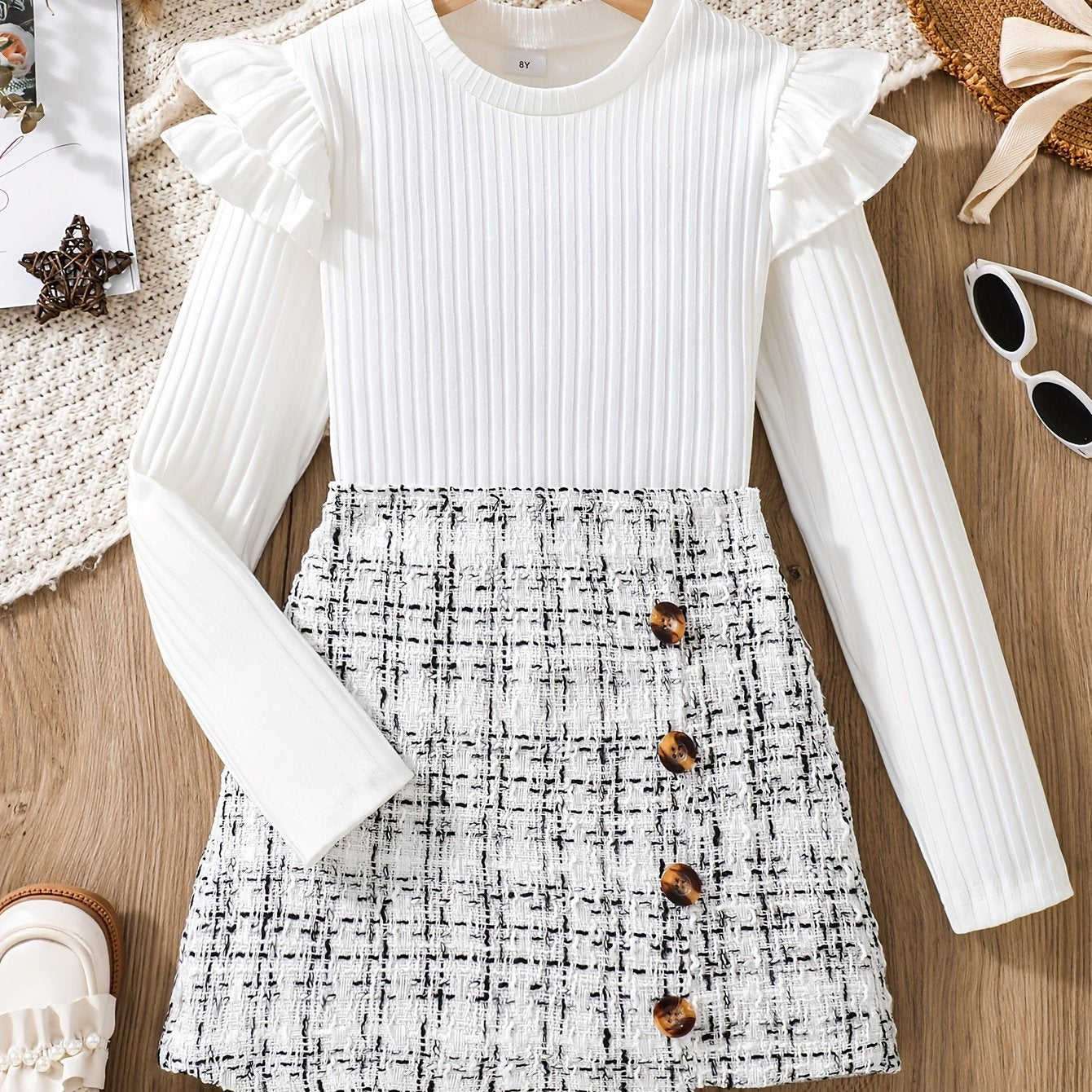 Conjunto de 2 piezas: top de manga larga con volantes y falda de punto de tweed - Ropa de primavera/otoño, atuendo para niñas al aire libre, regalo