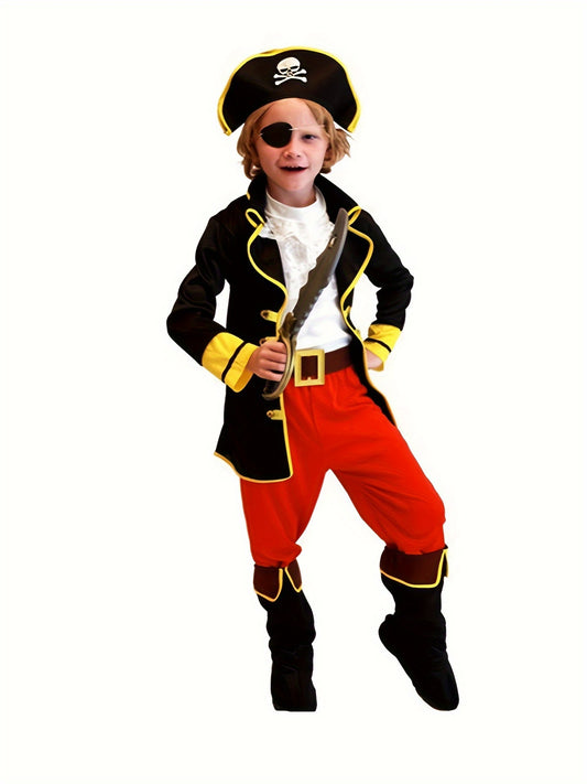 Conjunto de 6 piezas de ropa de pirata de dibujos animados para fiesta de carnaval de niño: camiseta, sombrero, pantalones, parche, chaleco y cinturón, ideal para Halloween.