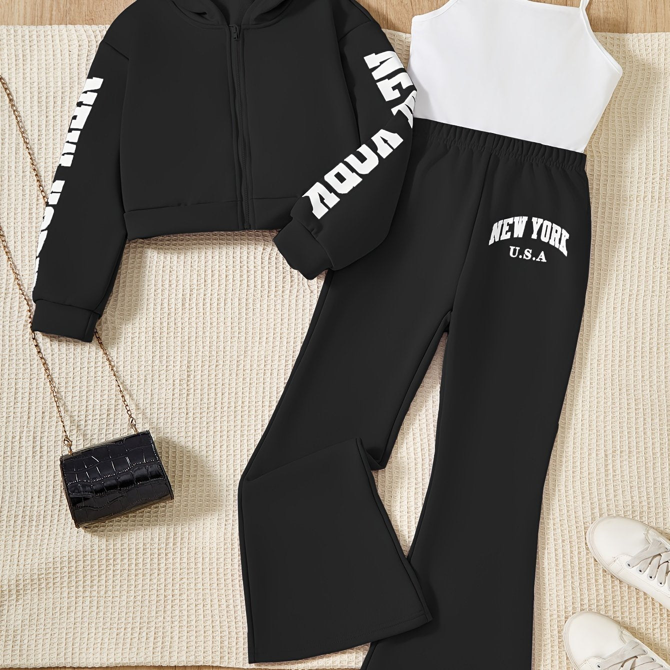 Conjunto deportivo de 3 piezas para niña, con sudadera con cremallera de manga larga y pantalón acampanado con camisola. Versátil y cómodo para primavera/otoño, ideal para regalar.