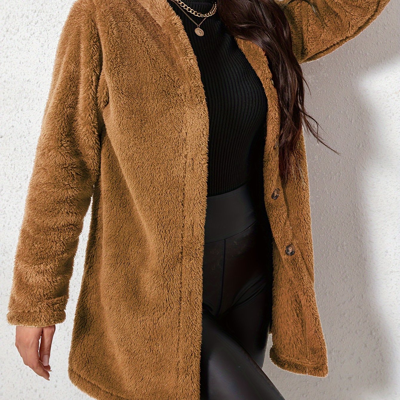 1pc Elegant Women'S Fleece Jacket, Polyester Knit Fabric, Solid Color, Fall/Winter Season, Cozy Warm Outerwear