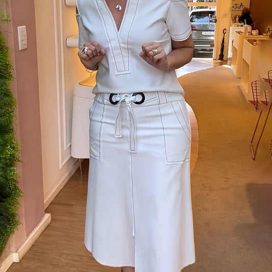 Conjunto de 2 piezas de top y falda con ribete en contraste, top de manga corta con escote pronunciado y hombros descubiertos, y falda ajustada con lazo en la cintura. Ropa para mujer.