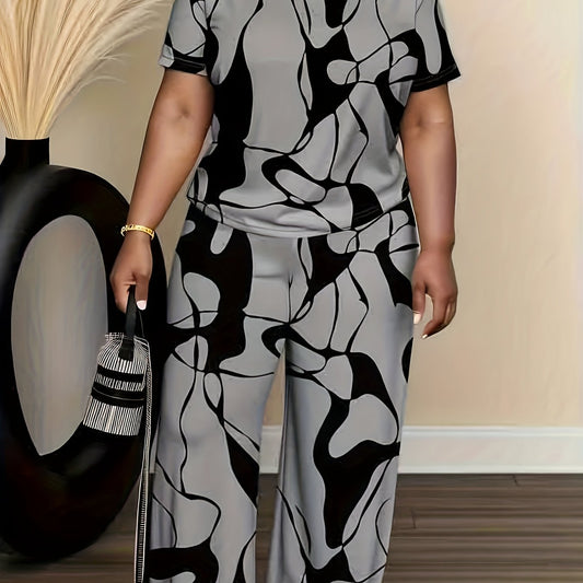 Stylish geometric gray and black color-block print casual set, featuring a minimalist art round-neck top paired with comfortable relaxed-fit pants, plus-size vacation trend elegant Women's ensemble