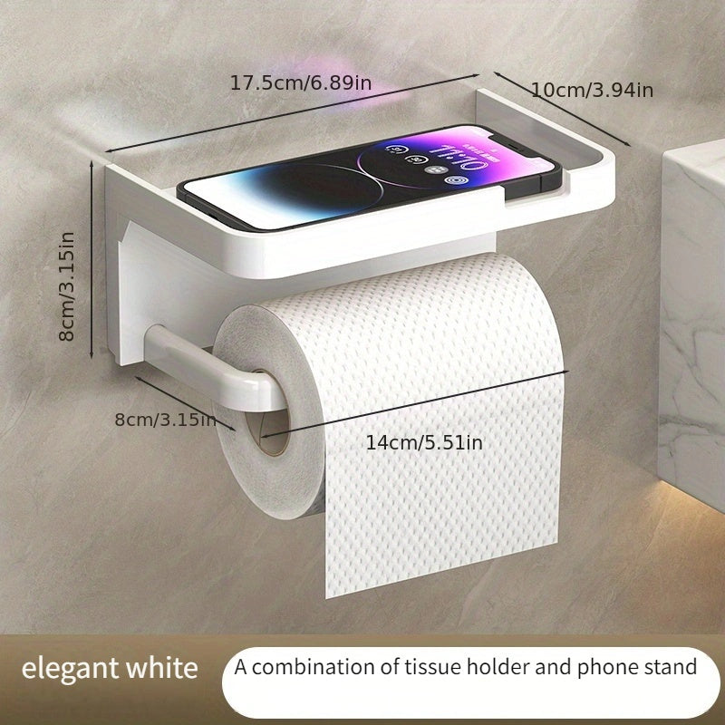 Portarrollos de papel higiénico de pared, fácil de instalar, sin taladros, con soporte para teléfono - Organizador de baño con acabado pulido