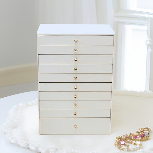 Glam Style PU Leather Jewelry Organizer Box - 10-Drawer Floor Mount Large Capacity Storage for Rings, Earrings, Necklaces, Watches - Textured Finish with Velvet Interior, Drawstring Closure - Ideal Gift for Mother's Day, Birt